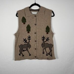 Belle Pointe Womens Vest Large Sweater Sleeveless Reindeer Christmas Holiday